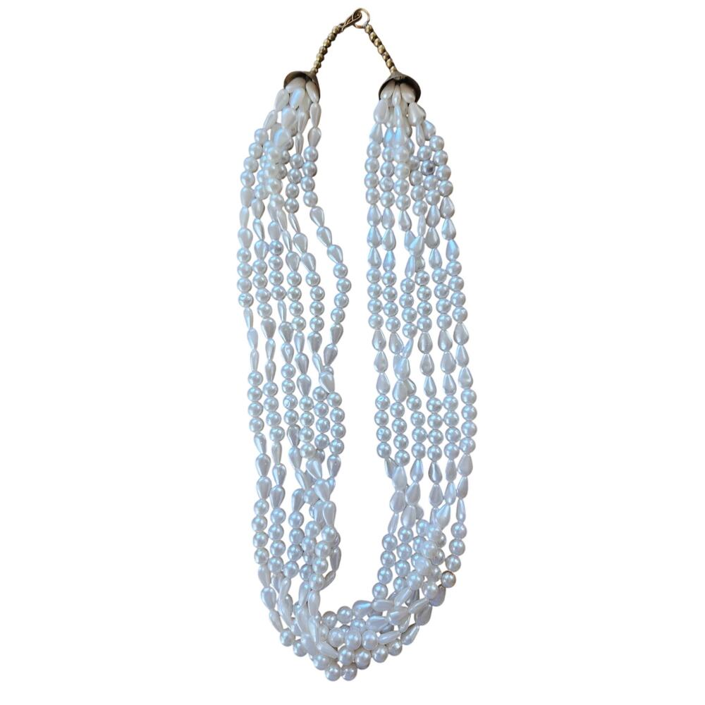 Vintage Faux Pearl Multi Strand Statement Necklace White Beaded Bib Collar